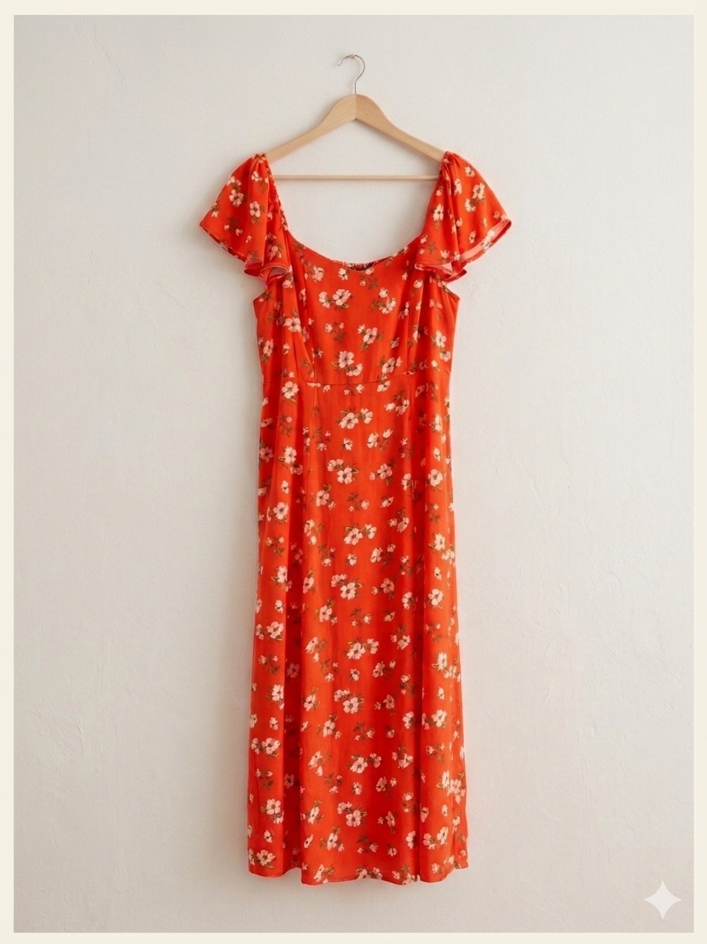 Old Navy Orange Floral Midi Dress with Flutter Sleeves